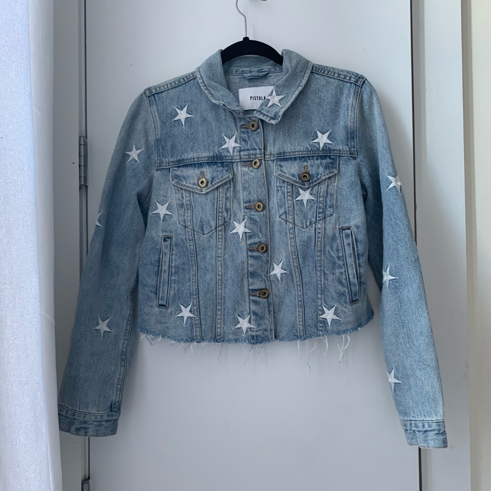 Pistola cropped shredded jean jacket with stars